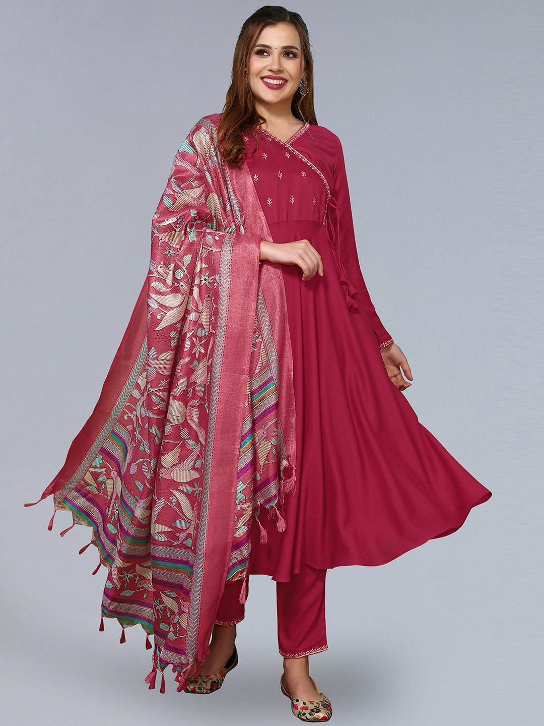 

KALINI Embroidered Angrakha Thread Work Kurta With Trousers & Dupatta, Pink
