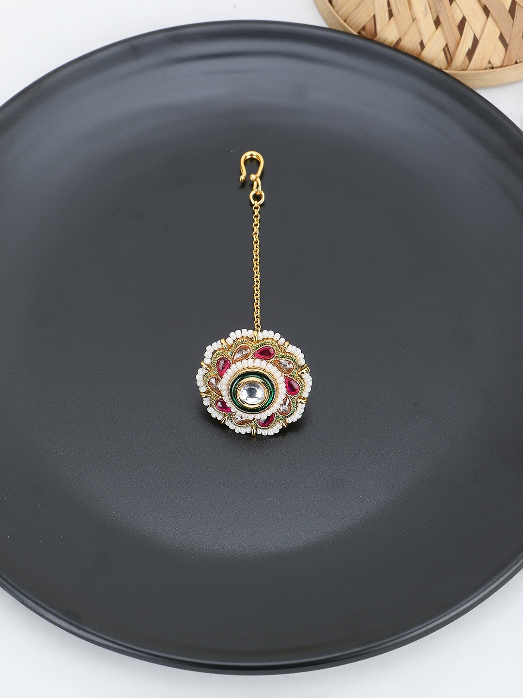 

Adwitiya Collection 24KT Gold Plated Stone Studded Pearl Beaded Rajasthani Maang Tikka