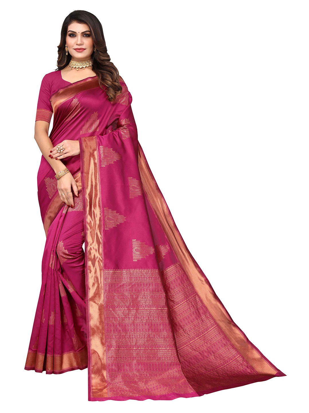 

KALINI Ethnic Motifs Woven Design Zari Jacquard Kanjeevaram Saree, Pink