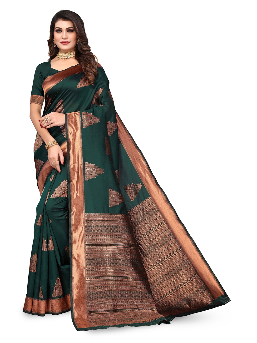 

KALINI Ethnic Motifs Woven Design Zari Silk Blend Kanjeevaram Saree, Green