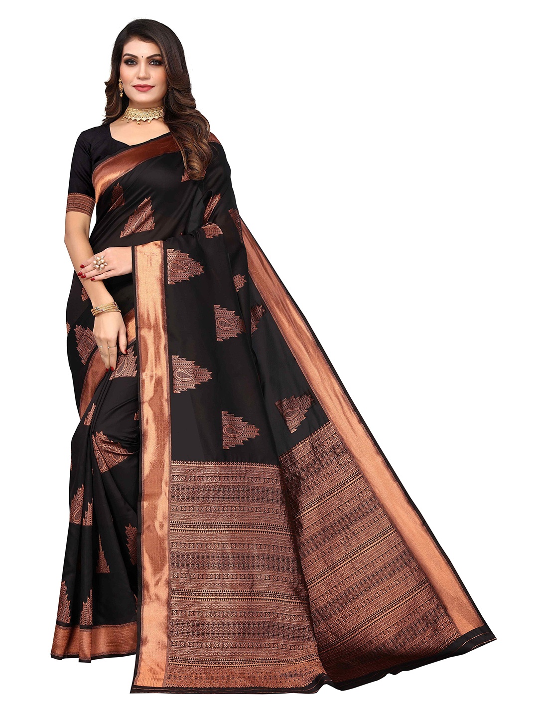 

KALINI Ethnic Motifs Woven Design Zari Jacquard Kanjeevaram Saree, Black