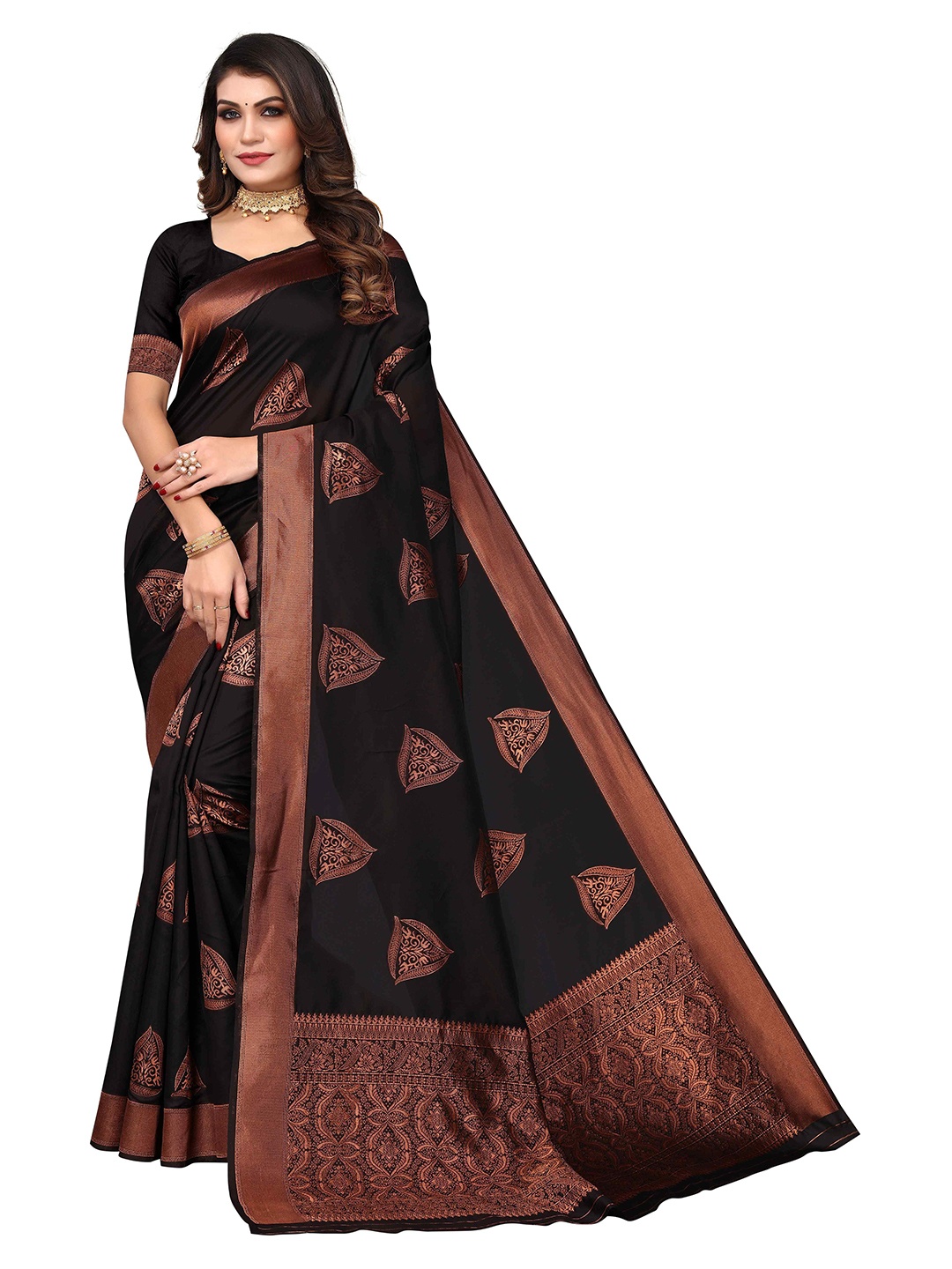 

KALINI Ethnic Motifs Woven Design Zari Jacquard Kanjeevaram Saree, Black