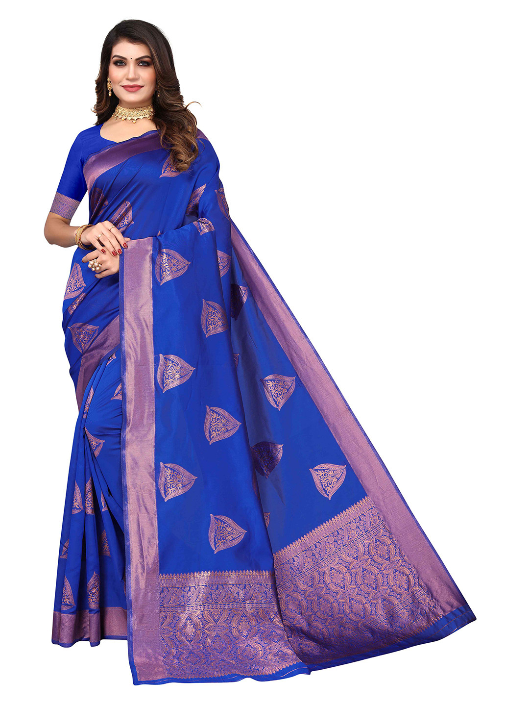 

KALINI Ethnic Motifs Woven Design Zari Jacquard Kanjeevaram Saree, Blue