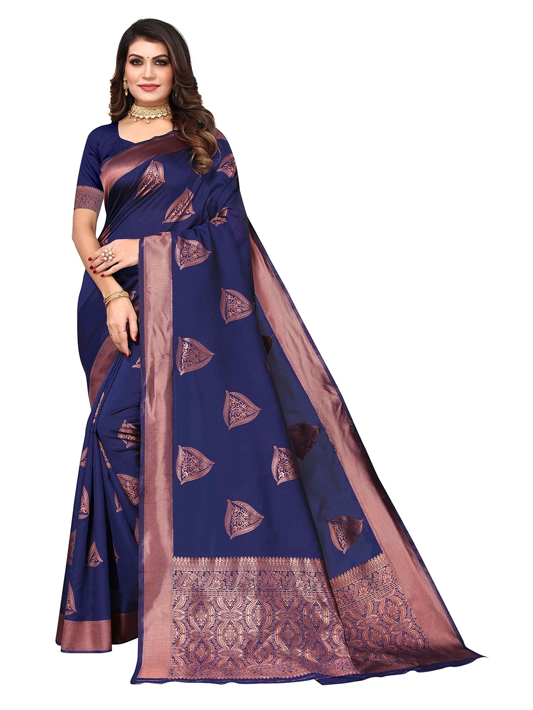 

KALINI Ethnic Motifs Woven Design Zari Silk Blend Kanjeevaram Saree, Navy blue