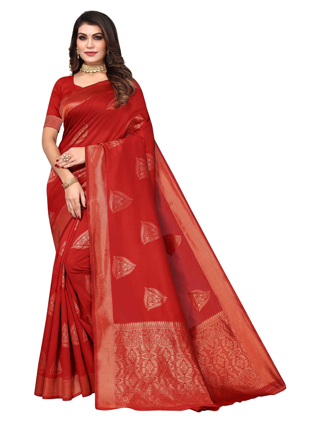 

KALINI Ethnic Motifs Woven Design Zari Silk Blend Kanjeevaram Saree, Red