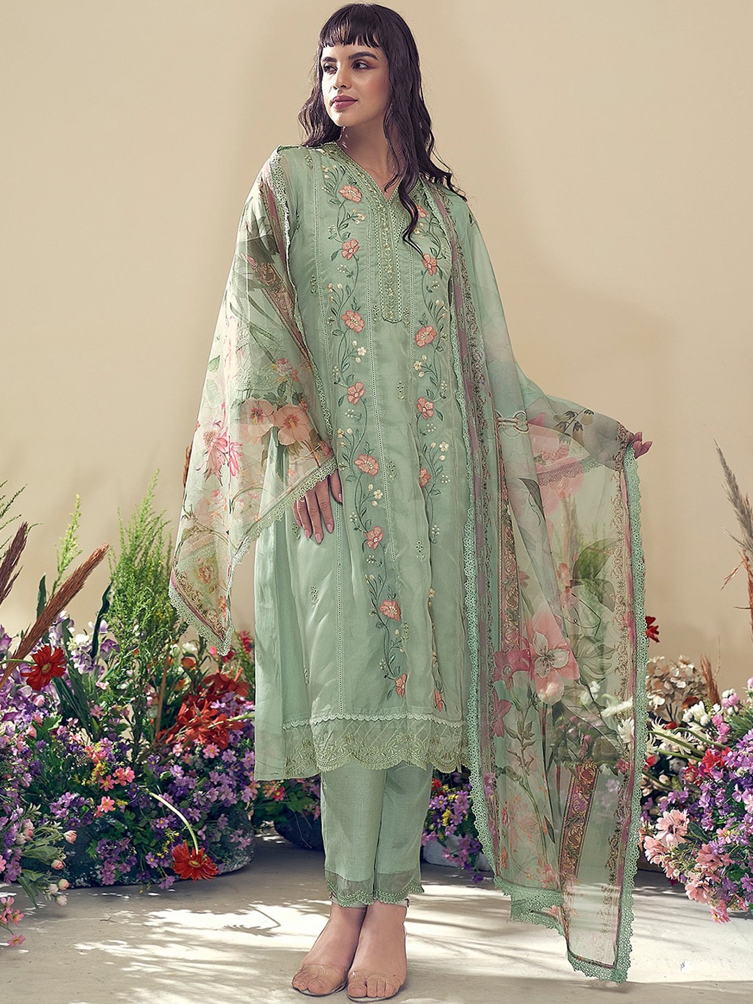 

Indo Era Floral Embroidered Regular Thread Work Kurta With Trousers & Dupatta, Sea green