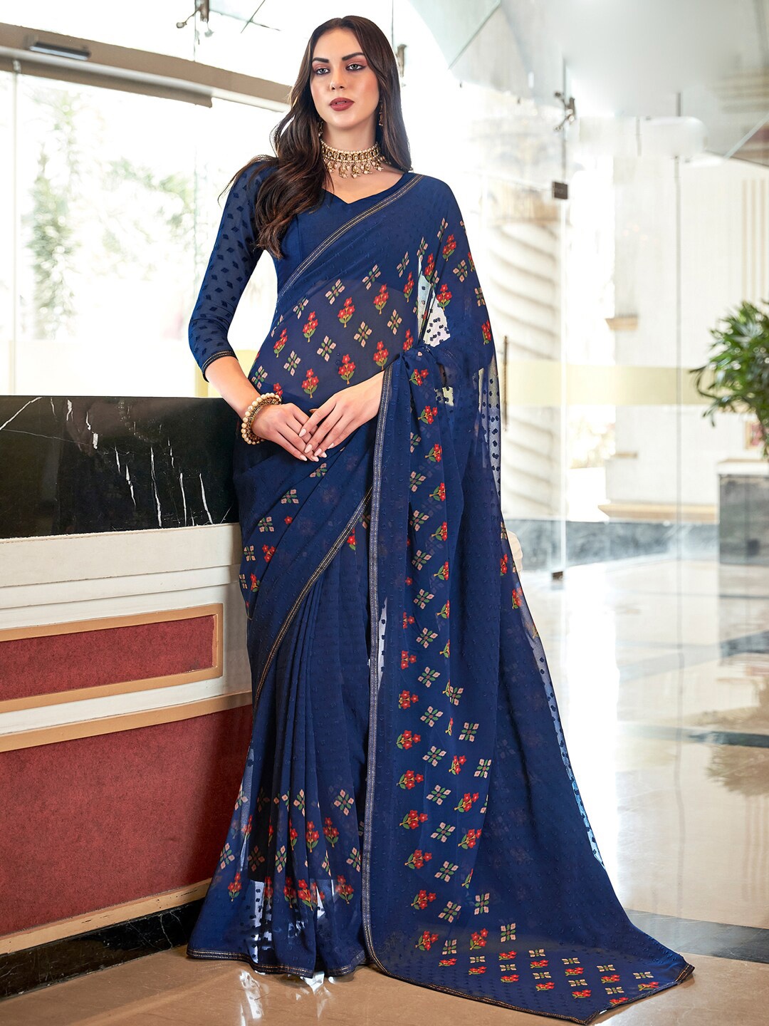 

Saree mall Navy Blue Red Floral Printed Poly Georgette Bagh Saree