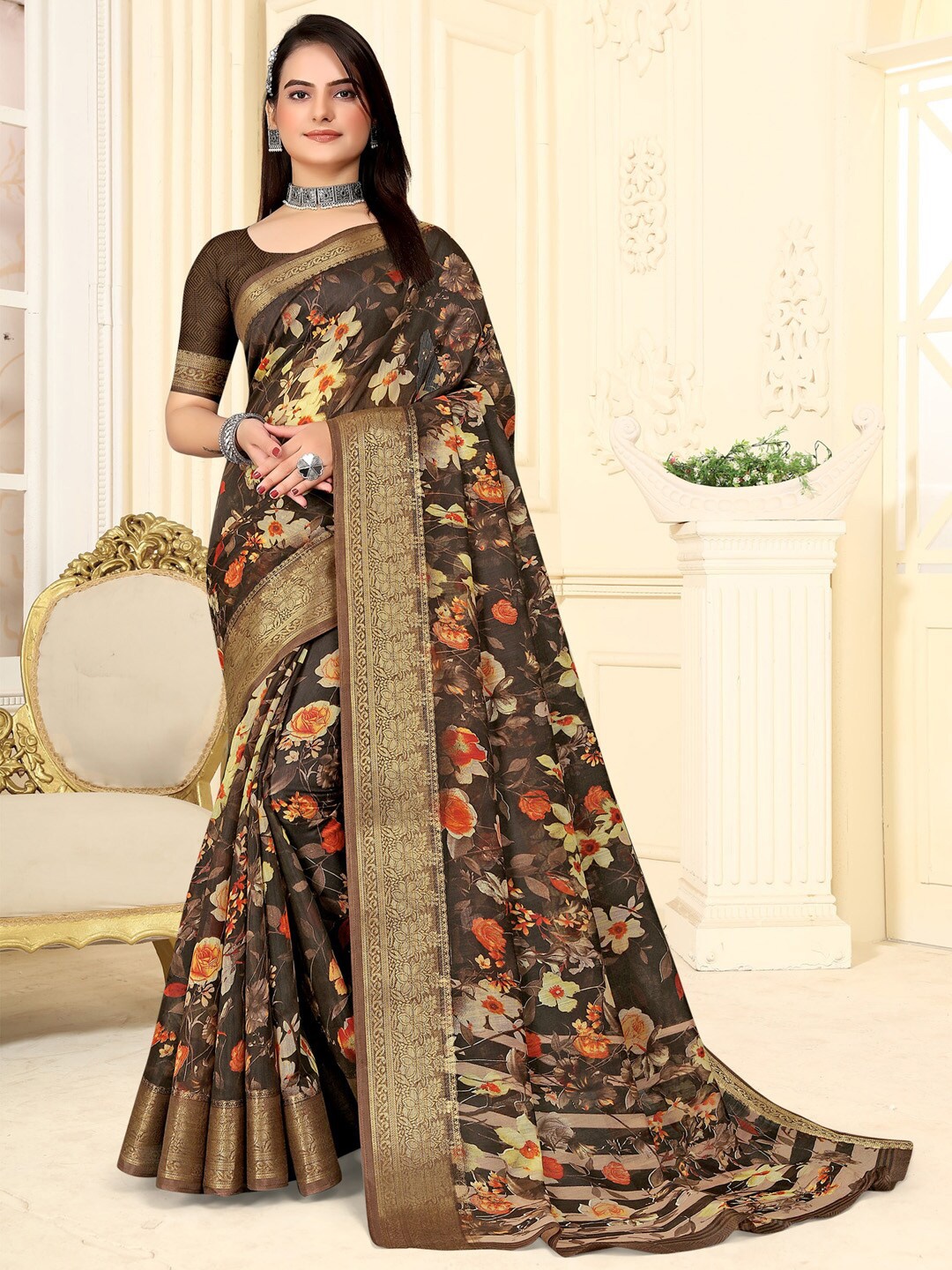 

Saree mall Floral Printed Zari Sungudi Sarees, Brown