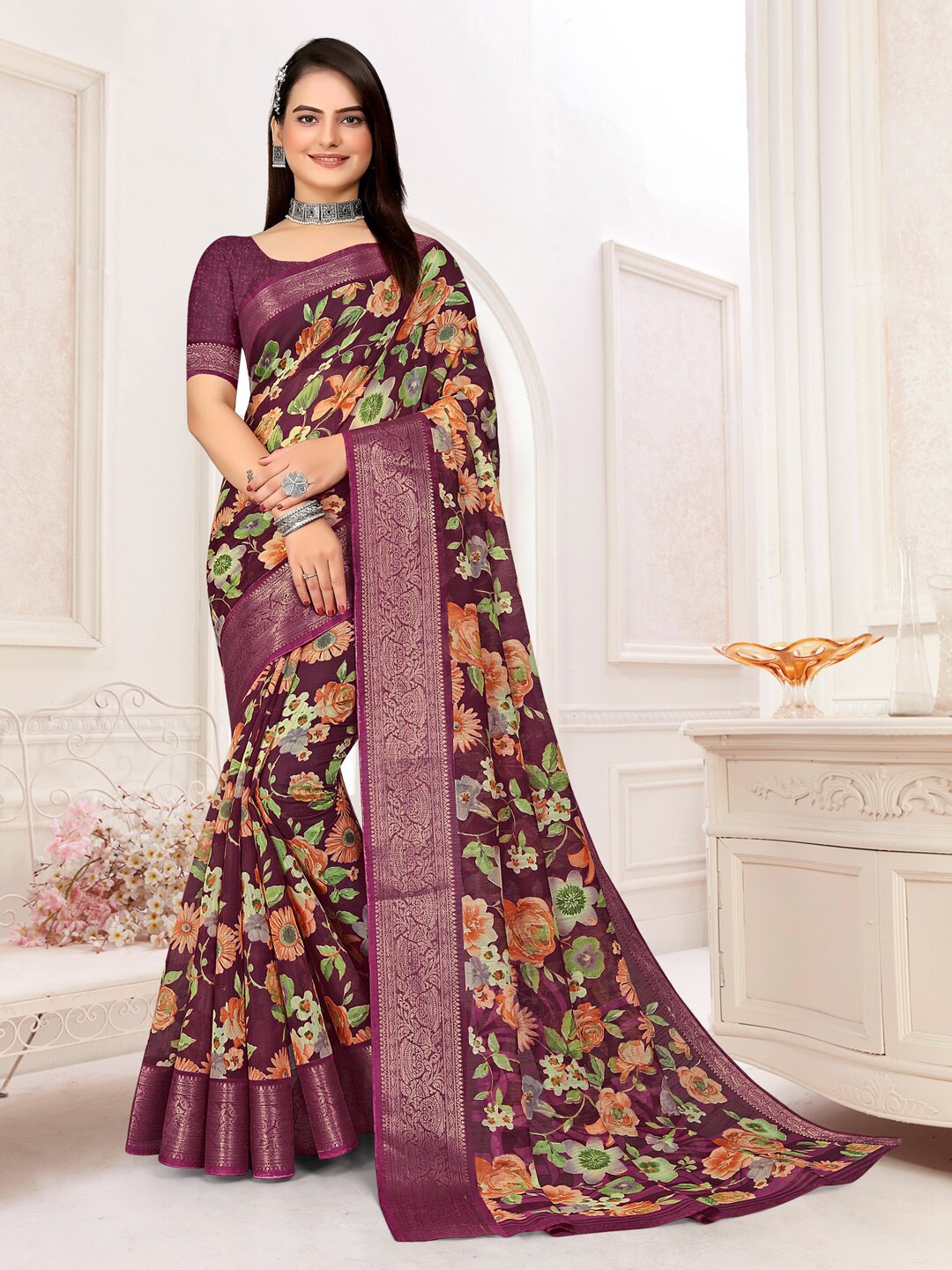 

Saree mall Floral Printed Zari Sungudi Sarees, Purple