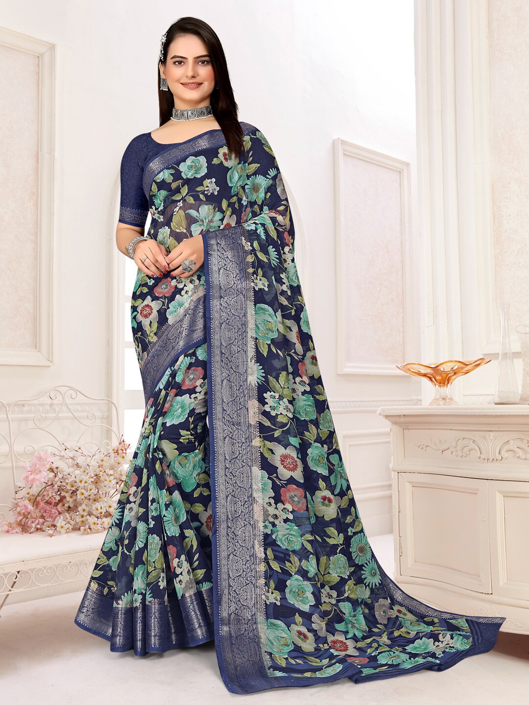 

Saree mall Navy Blue & Green Floral Printed Zari Sungudi Sarees