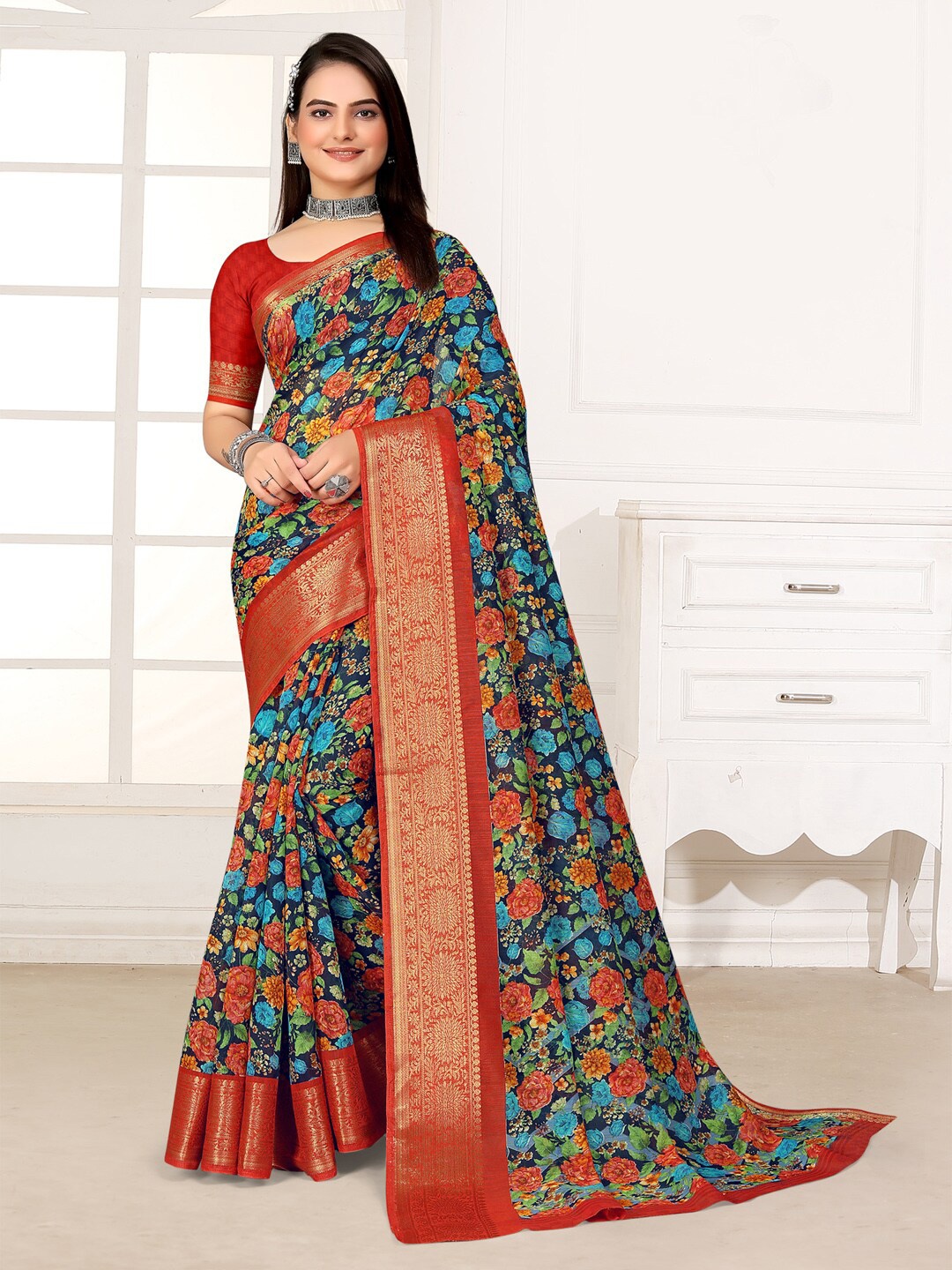 

Saree mall Floral Printed Zari Sungudi Sarees, Navy blue