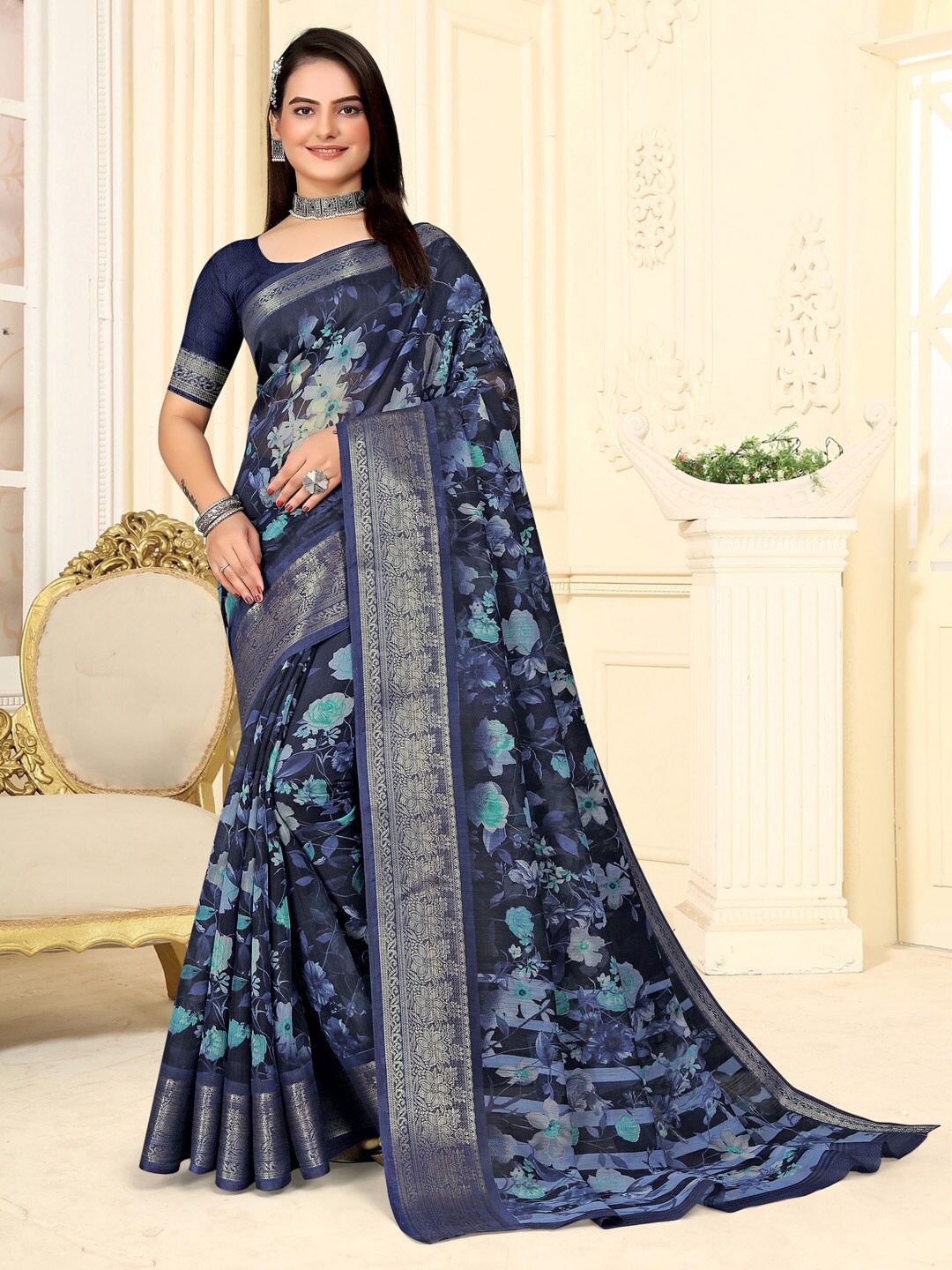 

Saree mall Floral Printed Zari Sungudi Sarees, Navy blue