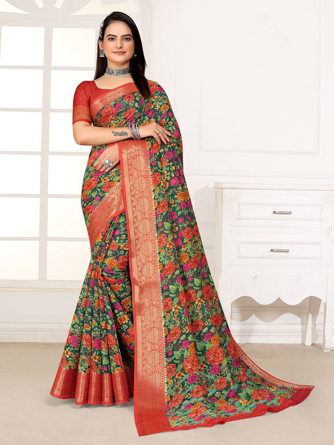 

Saree mall Floral Printed Zari Sungudi Sarees, Teal