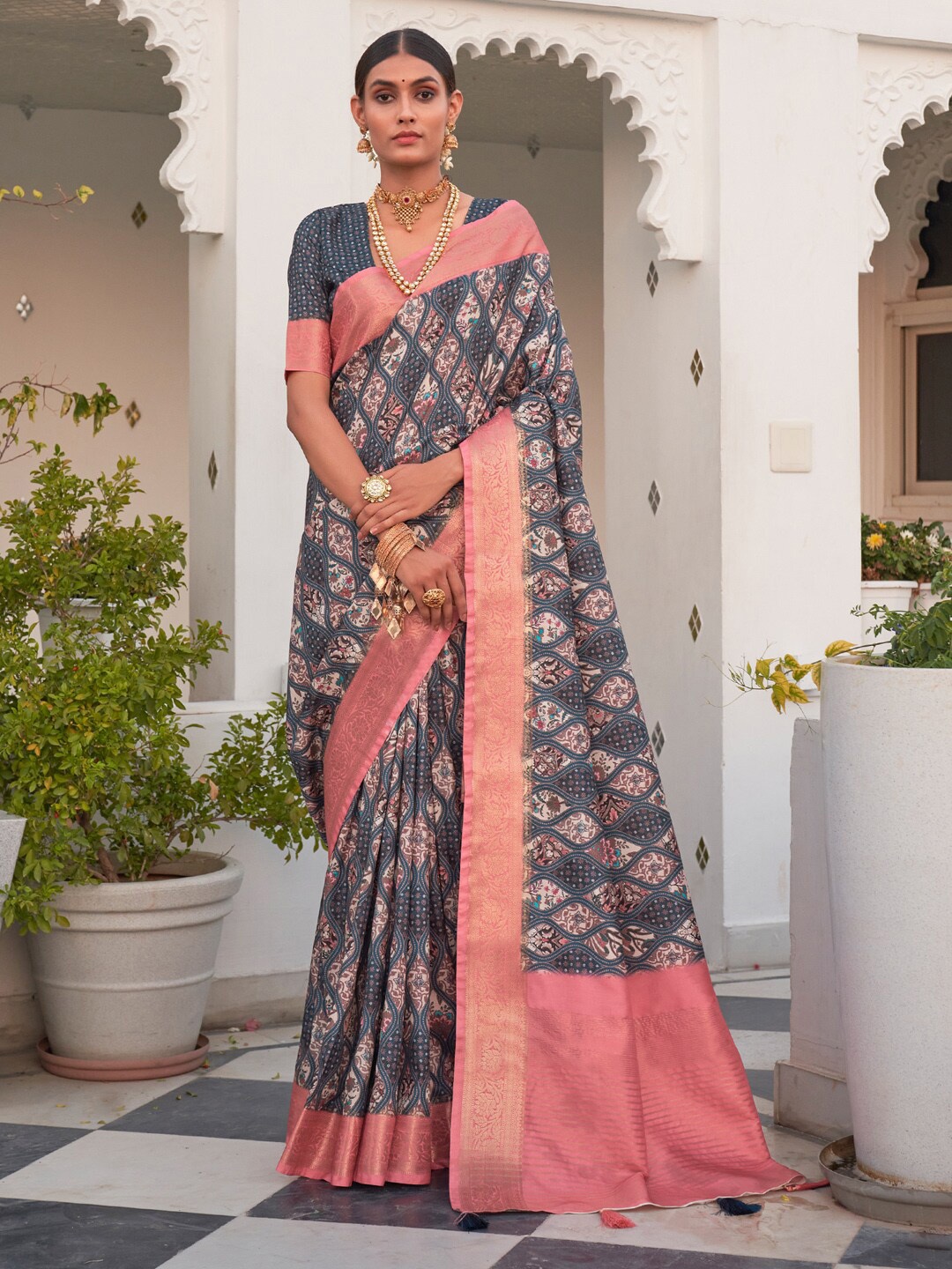 

Saree mall Floral Printed Pure Cotton Zari Sungudi Sarees, Teal