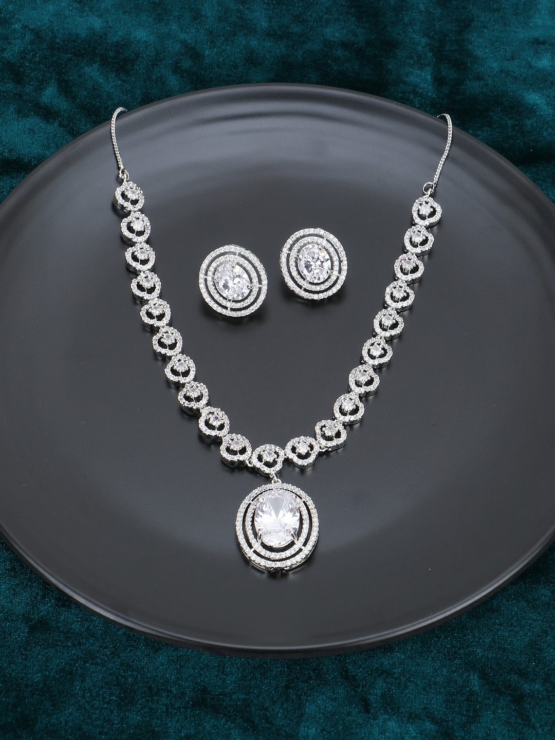 

Adwitiya Collection Rhodium Plated AD Studded Jewellery Set, Silver
