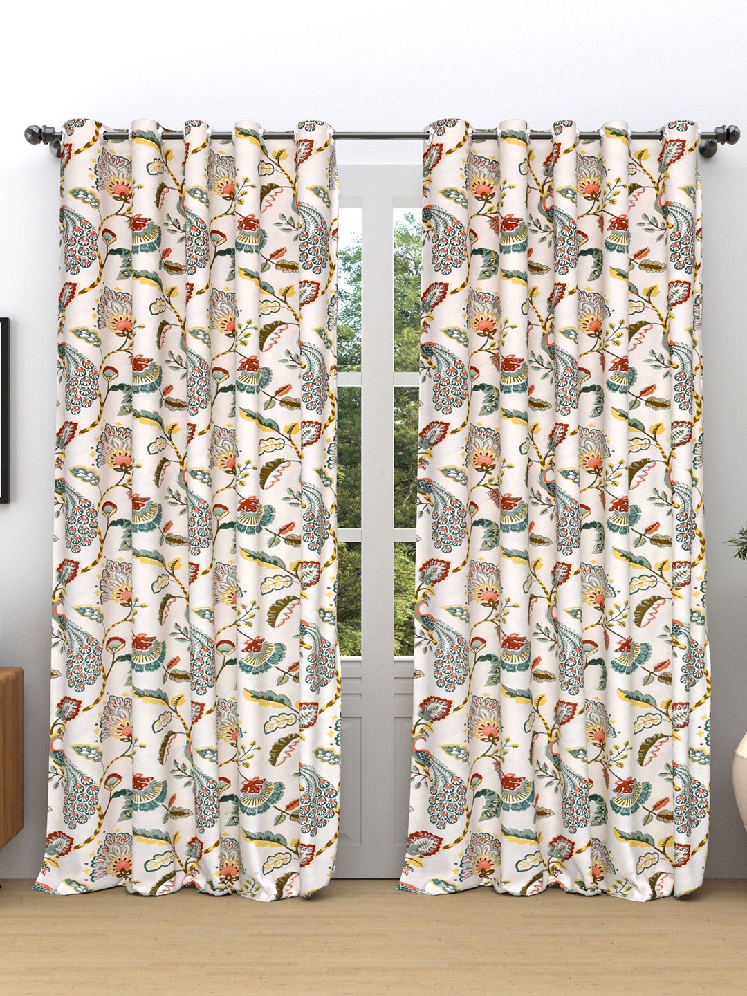 

RAASO Cream-Coloured & Red 2 Pieces Floral Room Darkening Cotton Long Door Curtains