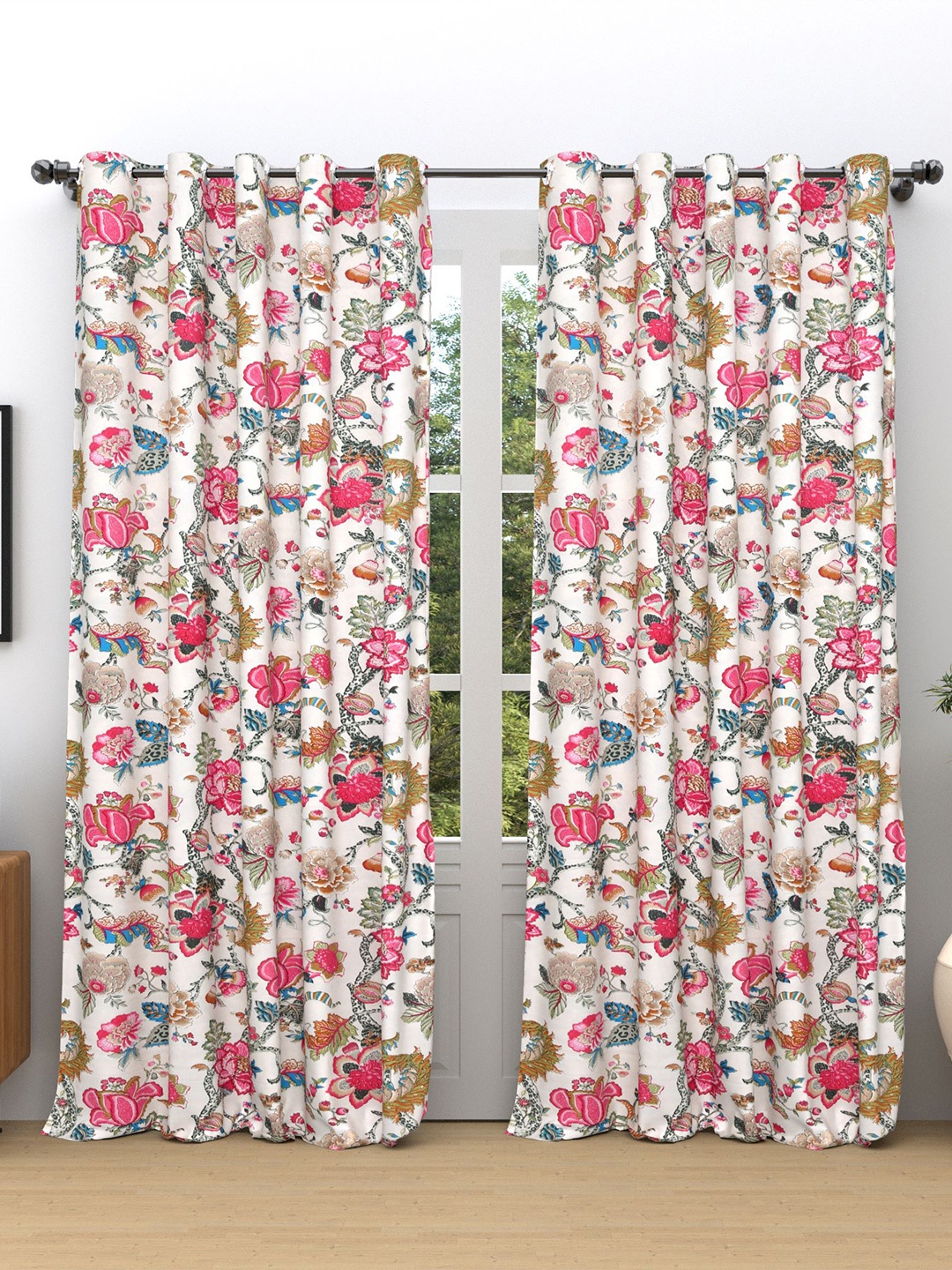 

RAASO Pink & White 2 Pieces Floral Cotton Room Darkening Window Curtains