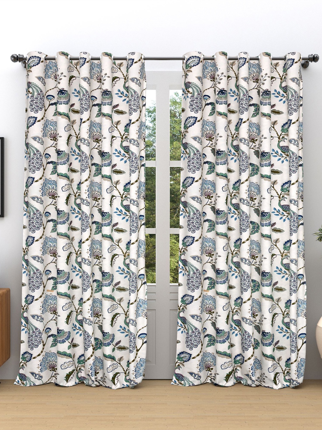 

RAASO Blue & White 2 Pieces Floral Room Darkening Cotton Window Curtains