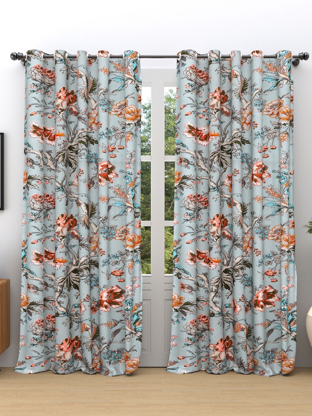 

RAASO Turquoise Blue & Grey 2 Pieces Floral Cotton Room Darkening Door Curtains