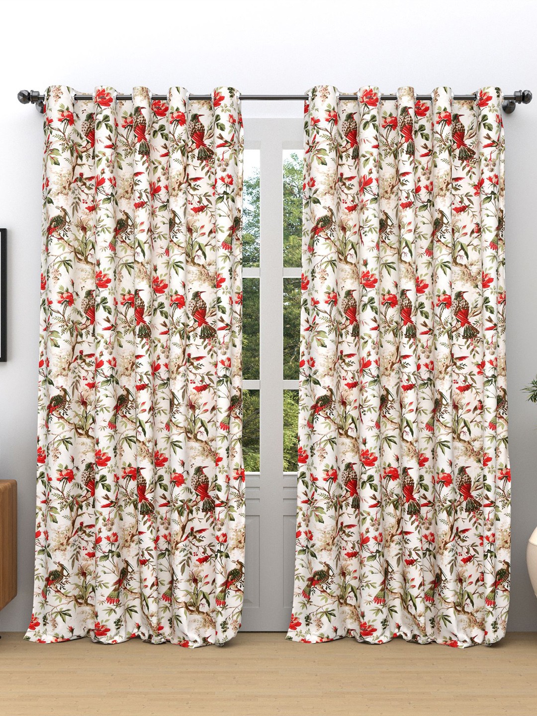 

RAASO White & Red 2 Pieces Floral Room Darkening Cotton Window Curtains