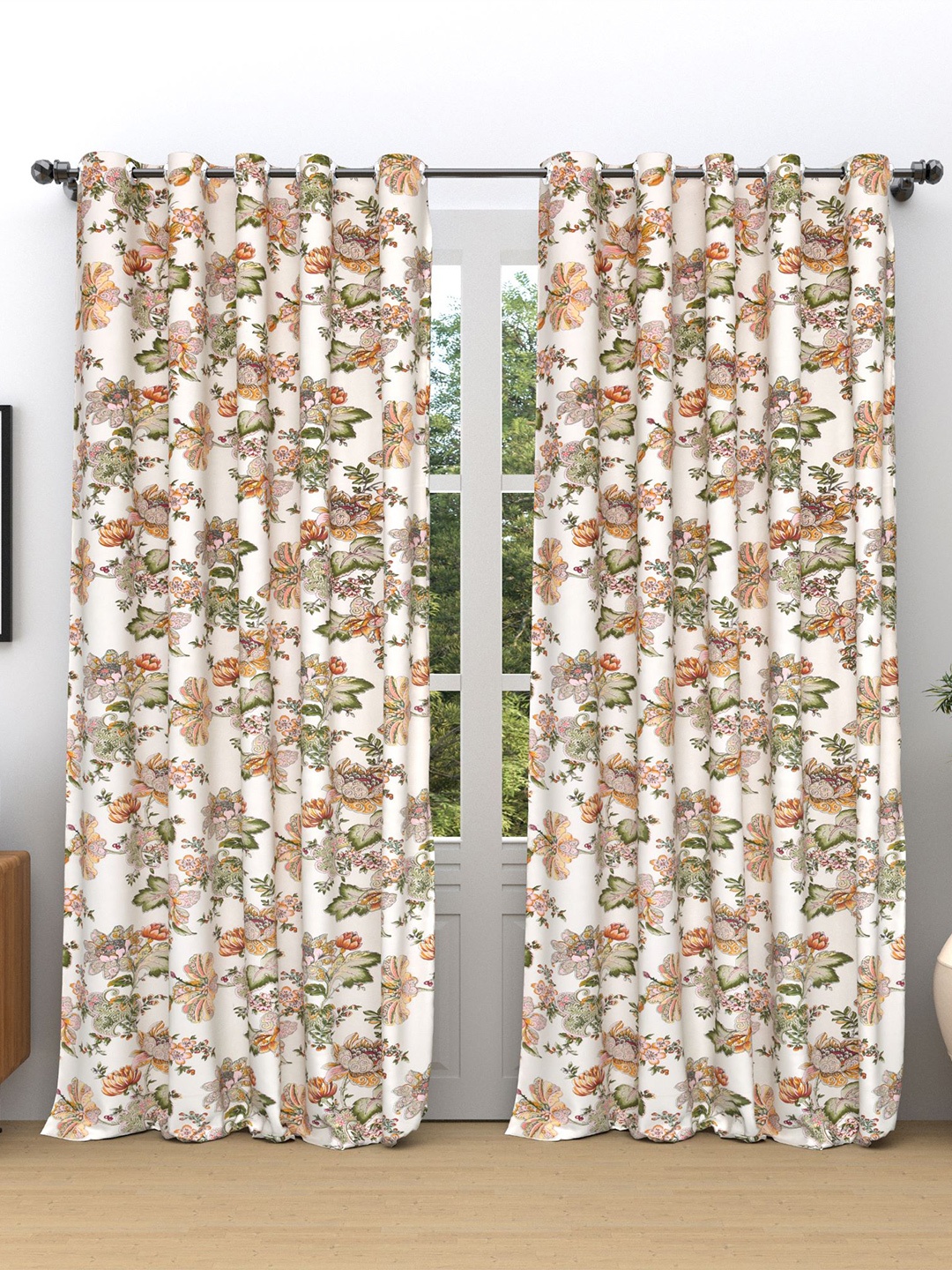 

RAASO White & Green 2 Pieces Ethnic Motifs Cotton Room Darkening Window Curtains