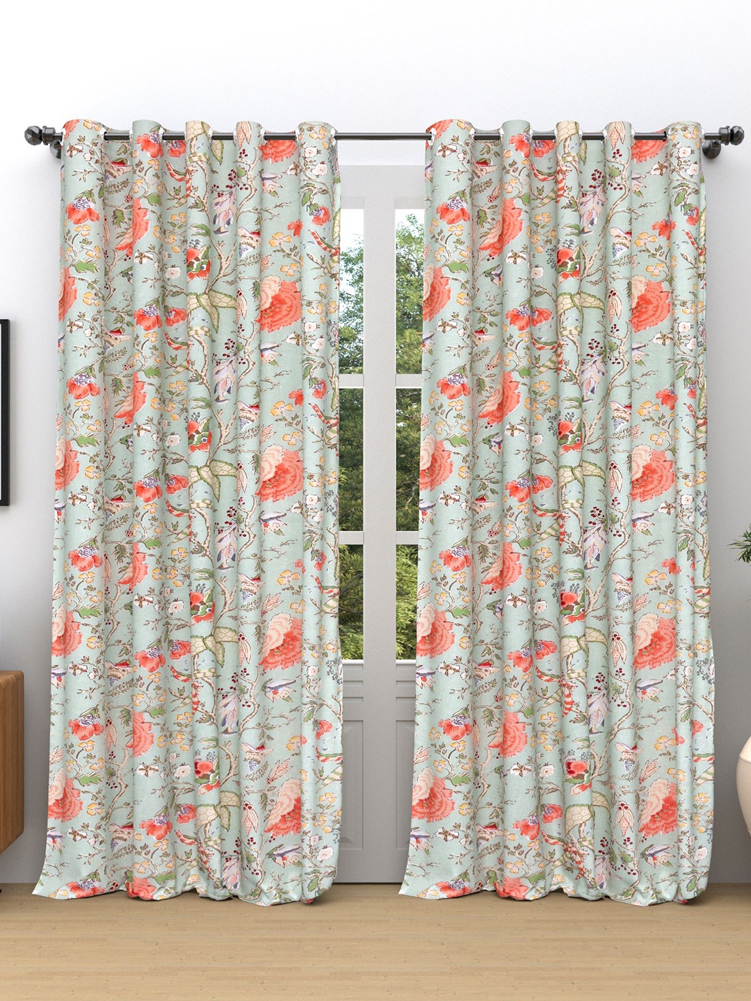 

RAASO Lime Green & Orange 2 Pieces Floral Room Darkening Cotton Door Curtains