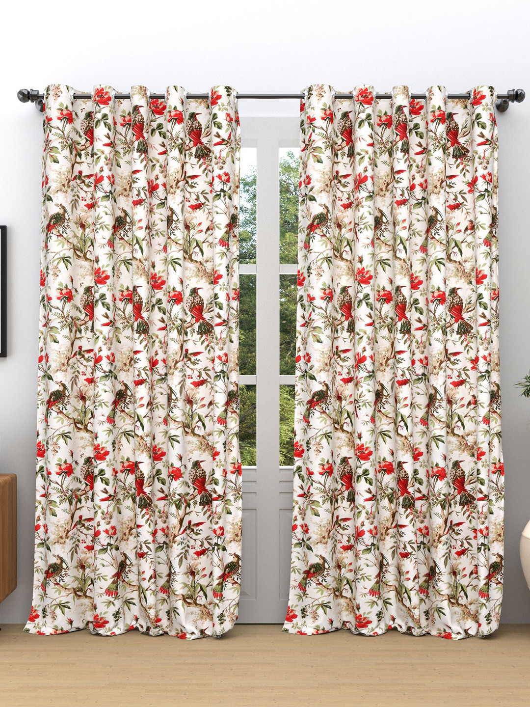 

RAASO Red & White 2 Pieces Floral Room Darkening Cotton Door Curtains