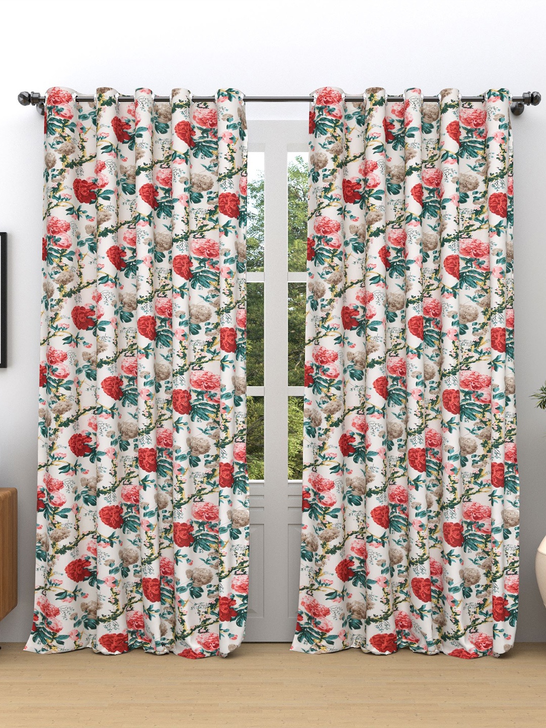 

RAASO White & Pink 2 Pieces Floral Room Darkening Cotton Long Door Curtains