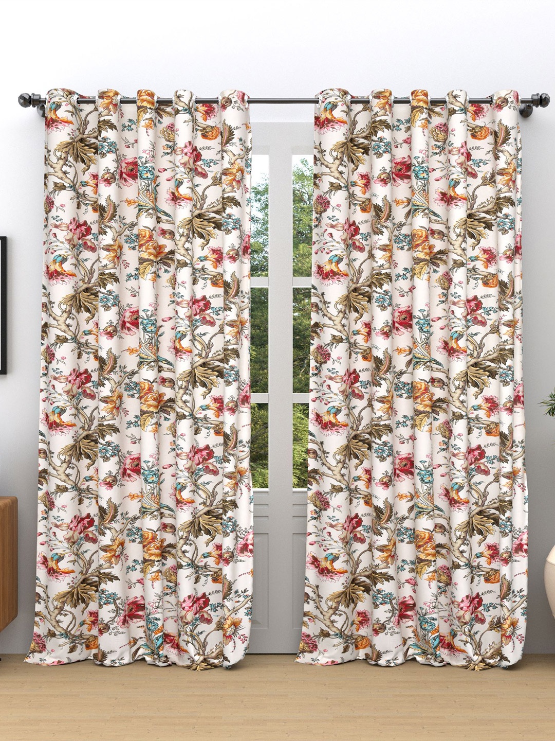 

RAASO White & Green 2 Pieces Ethnic Motifs Cotton Room Darkening Long Door Curtains