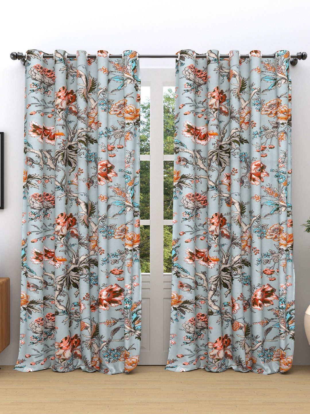 

RAASO Blue & Orange 2 Pieces Floral Room Darkening Cotton Window Curtains