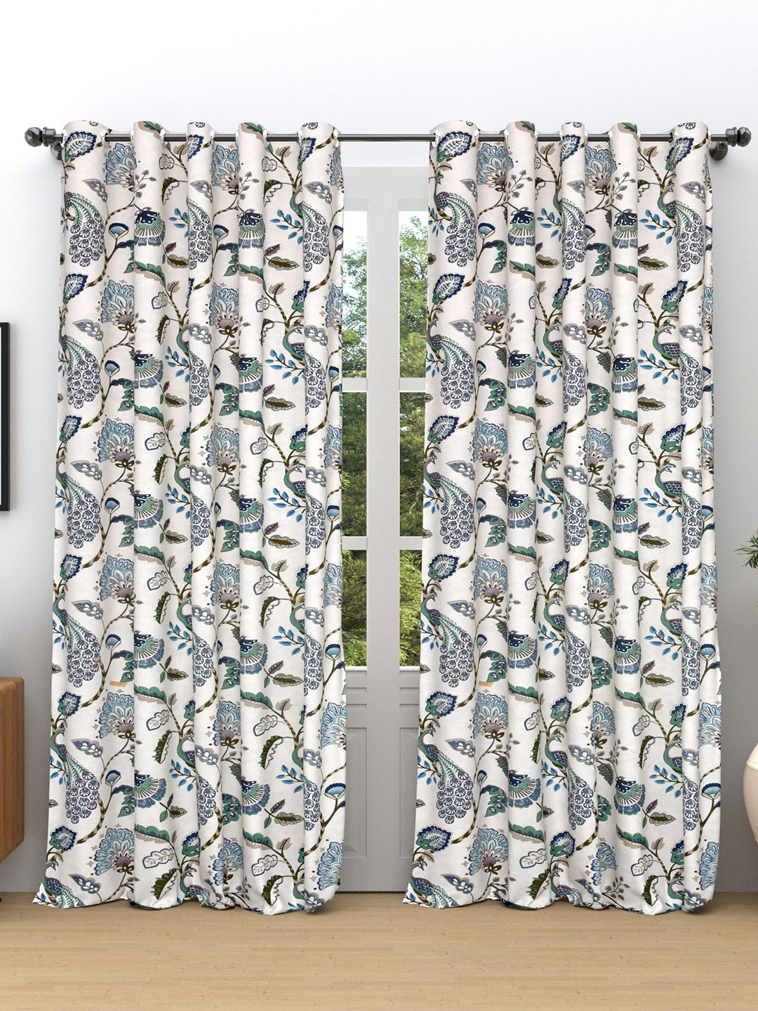 

RAASO White & Blue 2 Pieces Ethnic Motifs Room Darkening Cotton Door Curtain