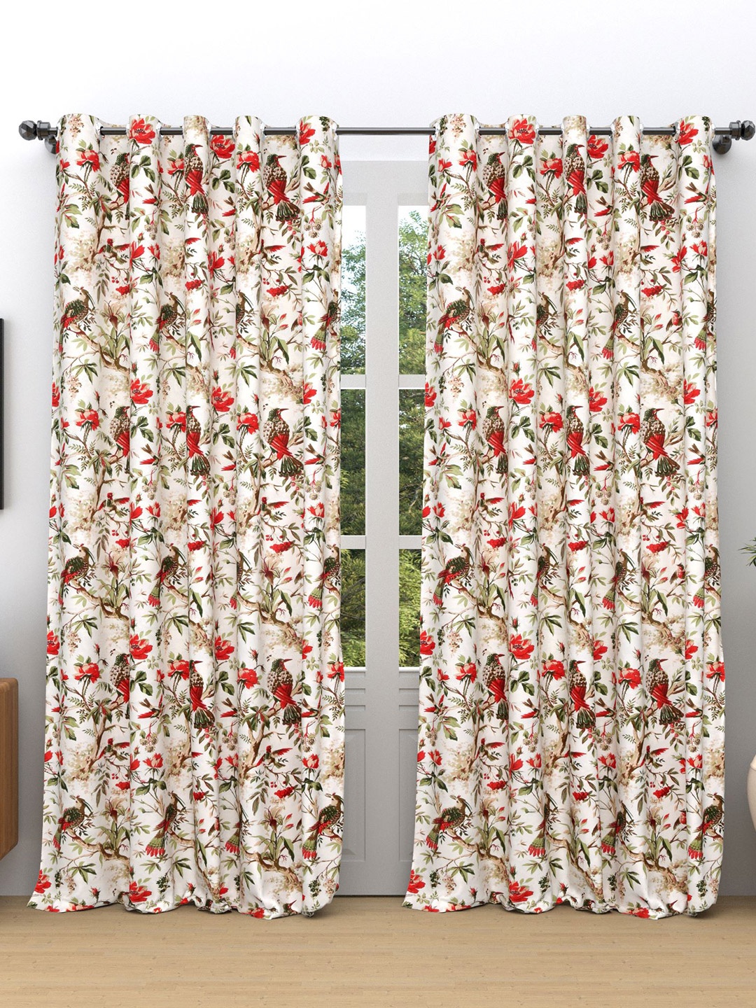 

RAASO Red & White 2 Pieces Floral Room Darkening Cotton Long Door Curtains