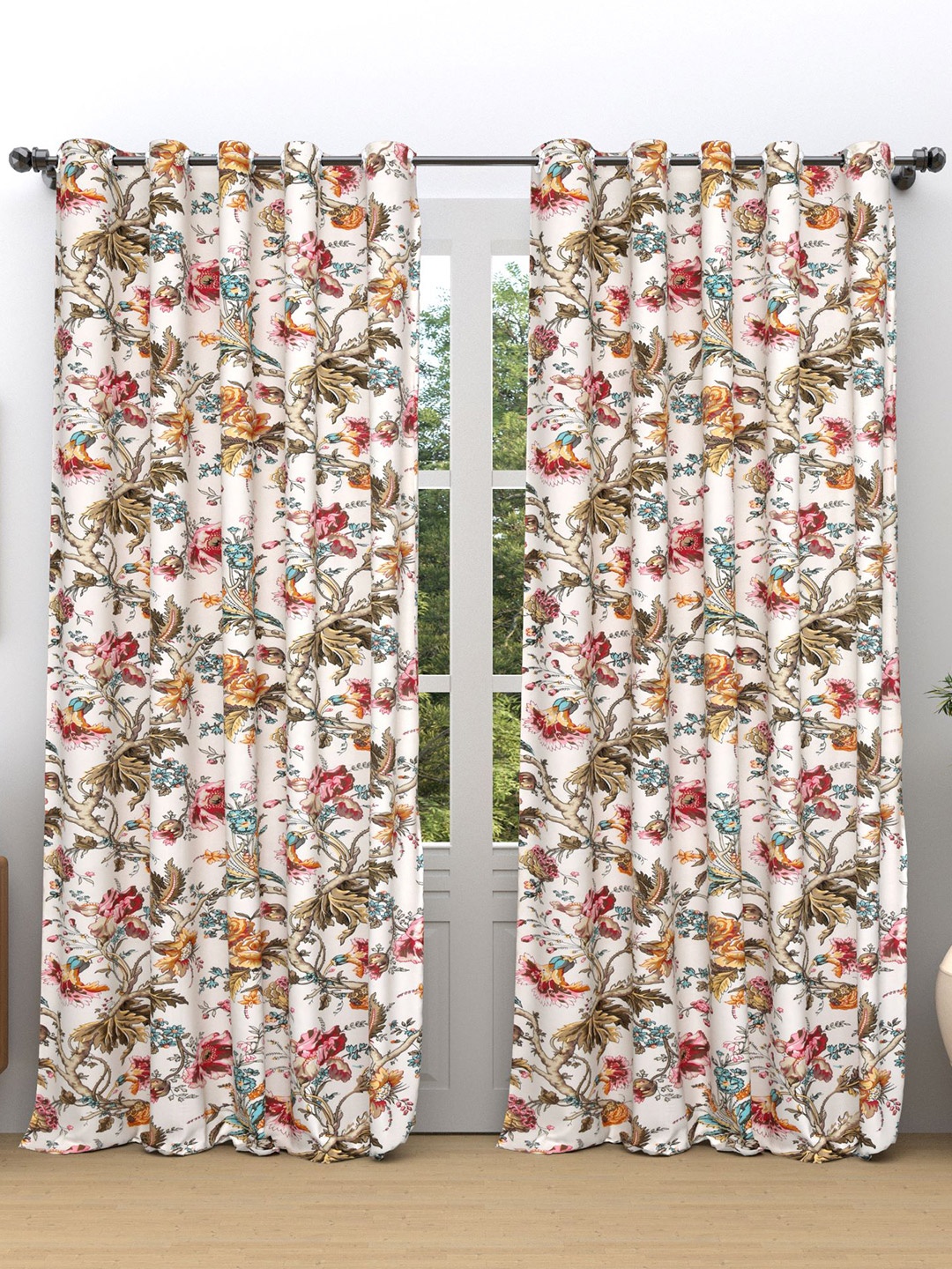 

RAASO White & Orange 2 Pieces Floral Room Darkening Cotton Window Curtains