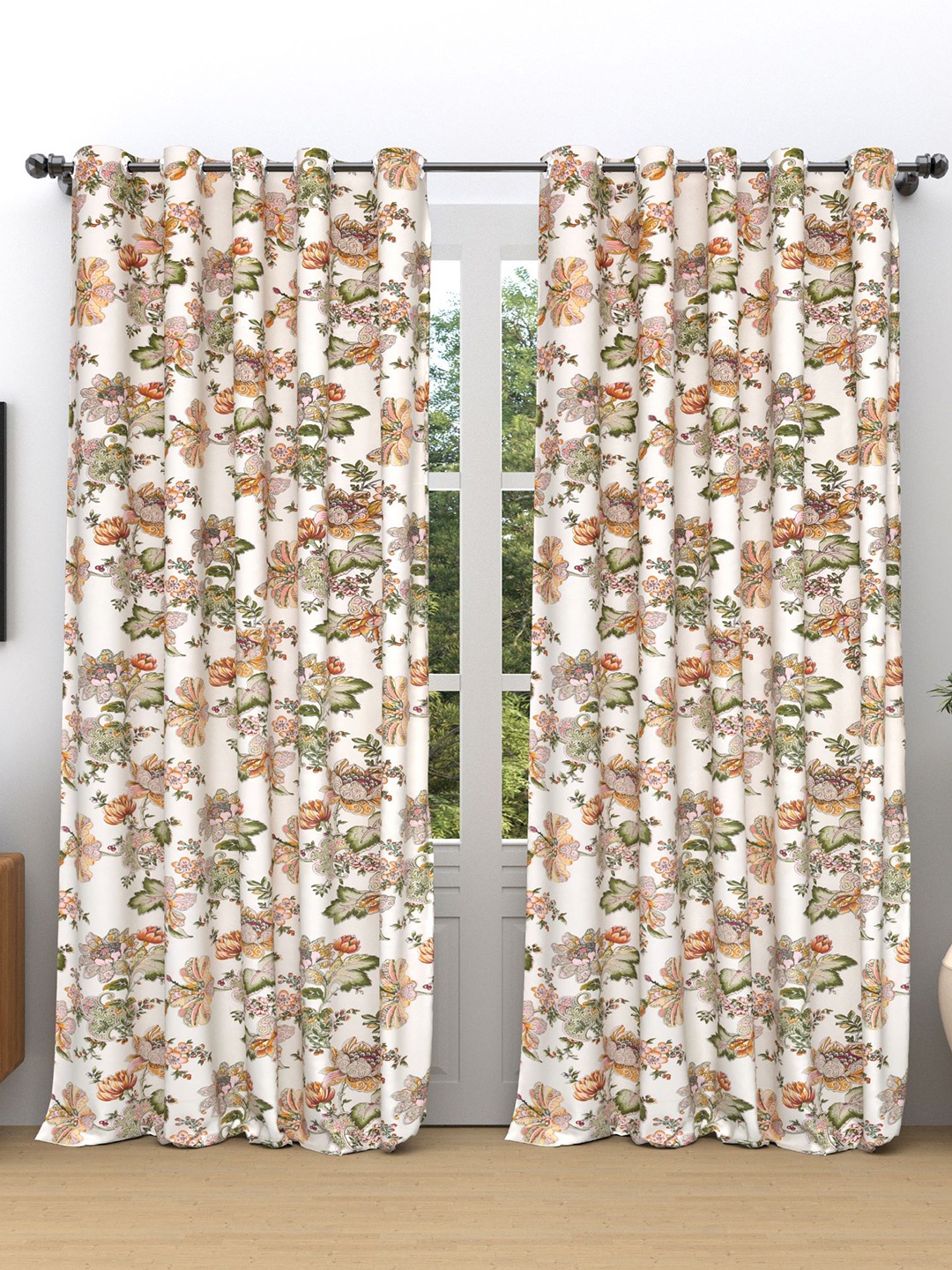 

RAASO Green & Beige 2 Pieces Floral Room Darkening Cotton Door Curtains