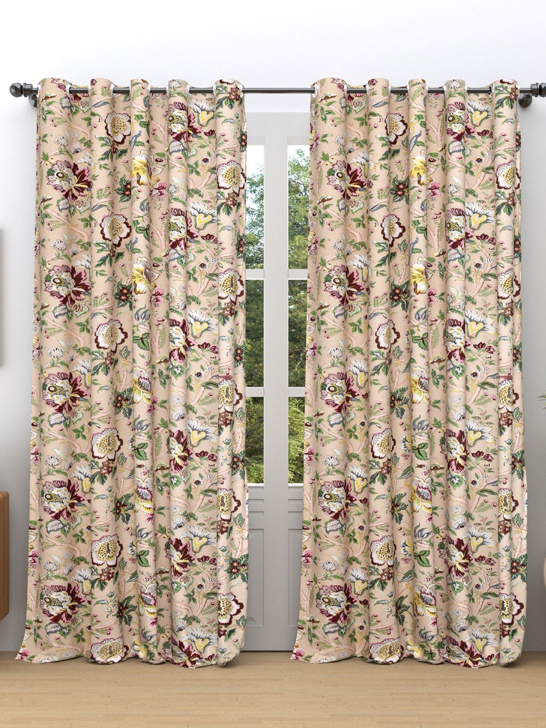

RAASO Beige & Green 2 Pcs Ethnic Motifs Room Darkening Long Door Curtains