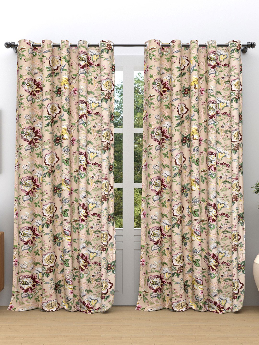 

RAASO Beige & Green 2 Pieces Ethnic Motifs Room Darkening Door Curtains