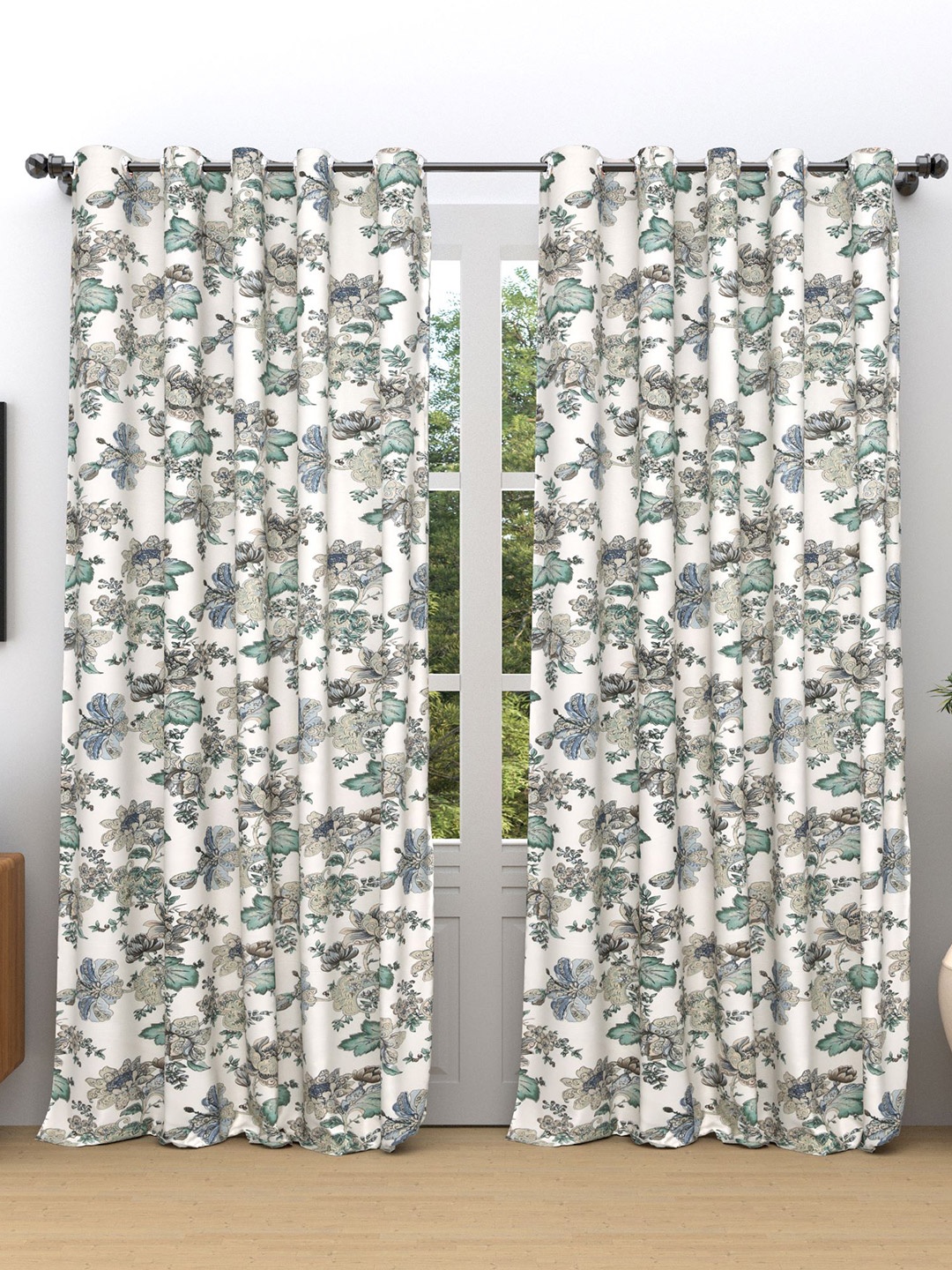 

RAASO Grey & White 2 Pieces Floral Room Darkening Cotton Window Curtains