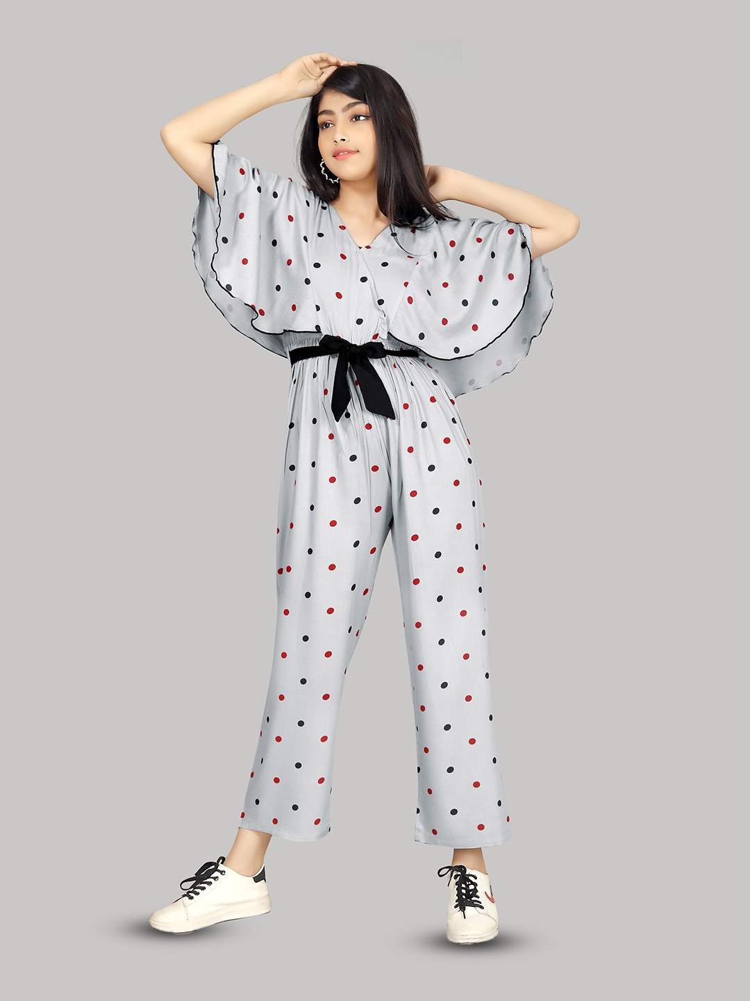 

R K MANIYAR Girls Polka Dots Printed V-Neck Basic Jumpsuit, Grey