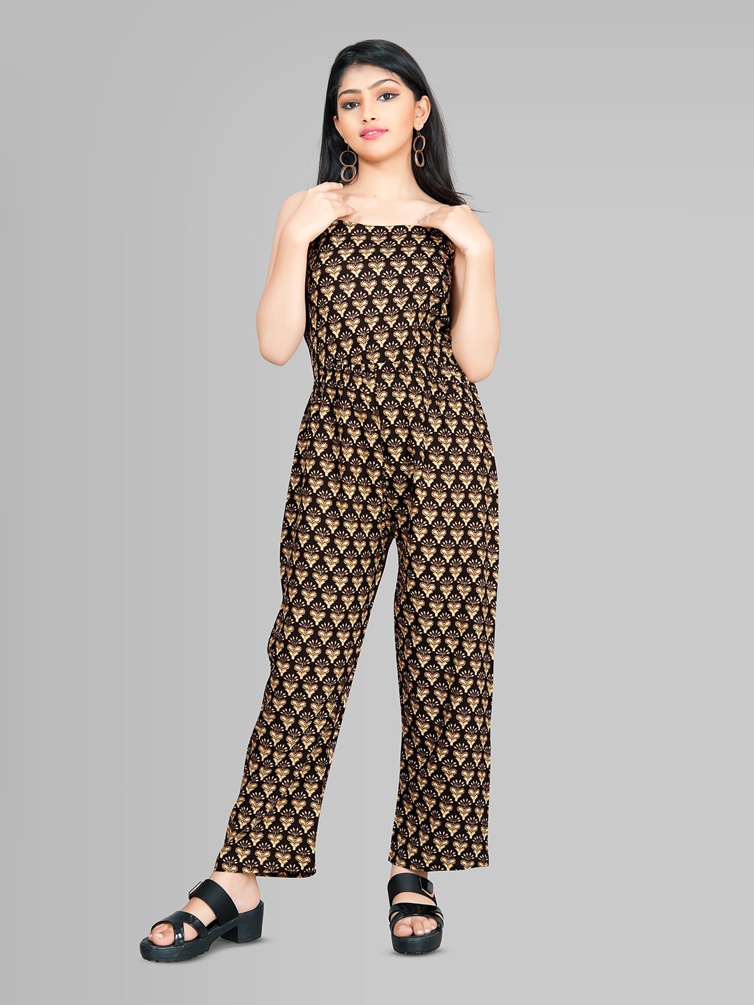 

R K MANIYAR Girls Printed Basic Jumpsuit, Black