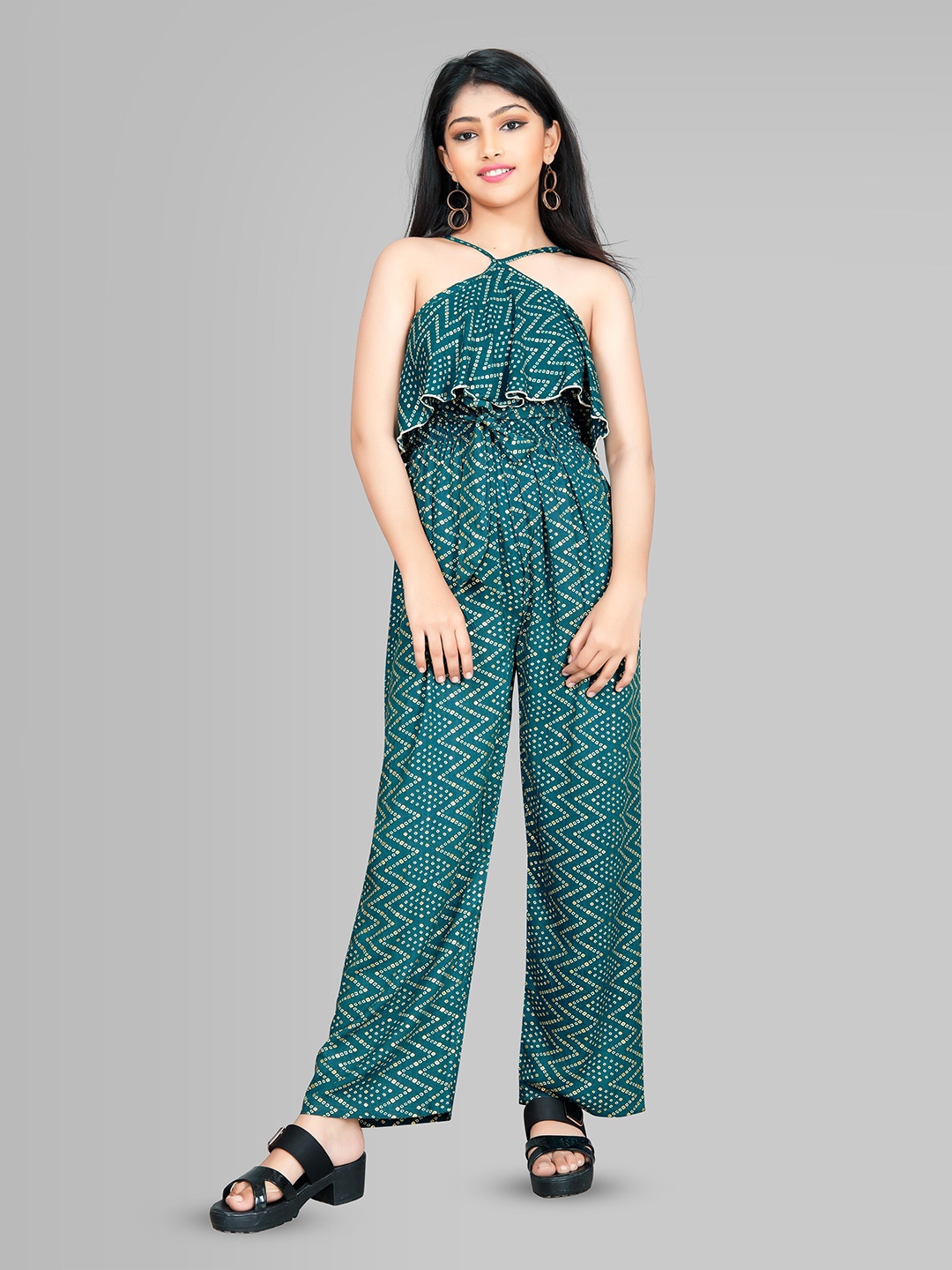 

R K MANIYAR Girls Halter Neck Printed Waist Tie-Ups Basic Jumpsuit, Teal