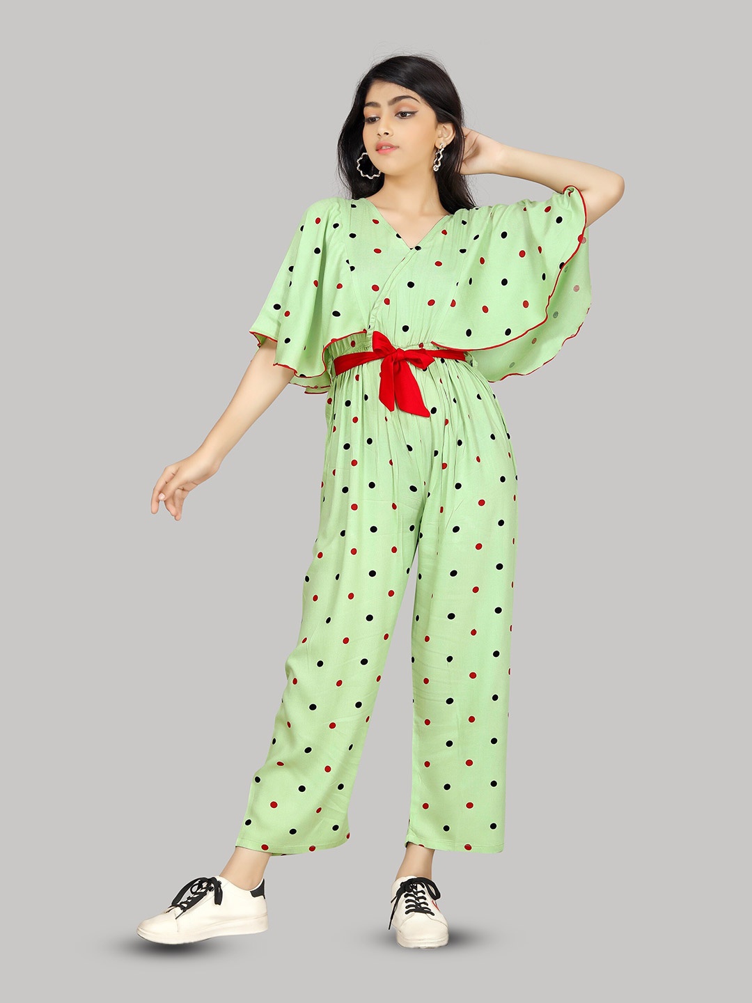 

R K MANIYAR Girls Printed Waist Tie-Ups Basic Jumpsuit, Green