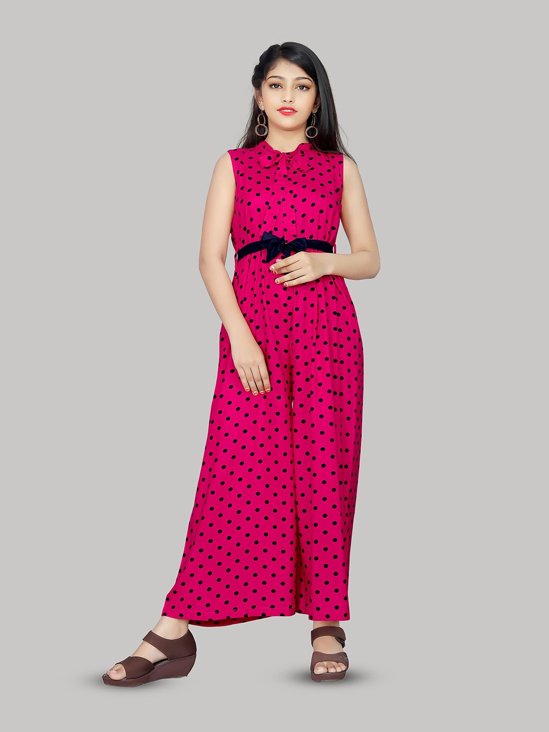 

R K MANIYAR Girls Polka Dots Printed Waist Tie-Ups Basic Jumpsuit, Pink