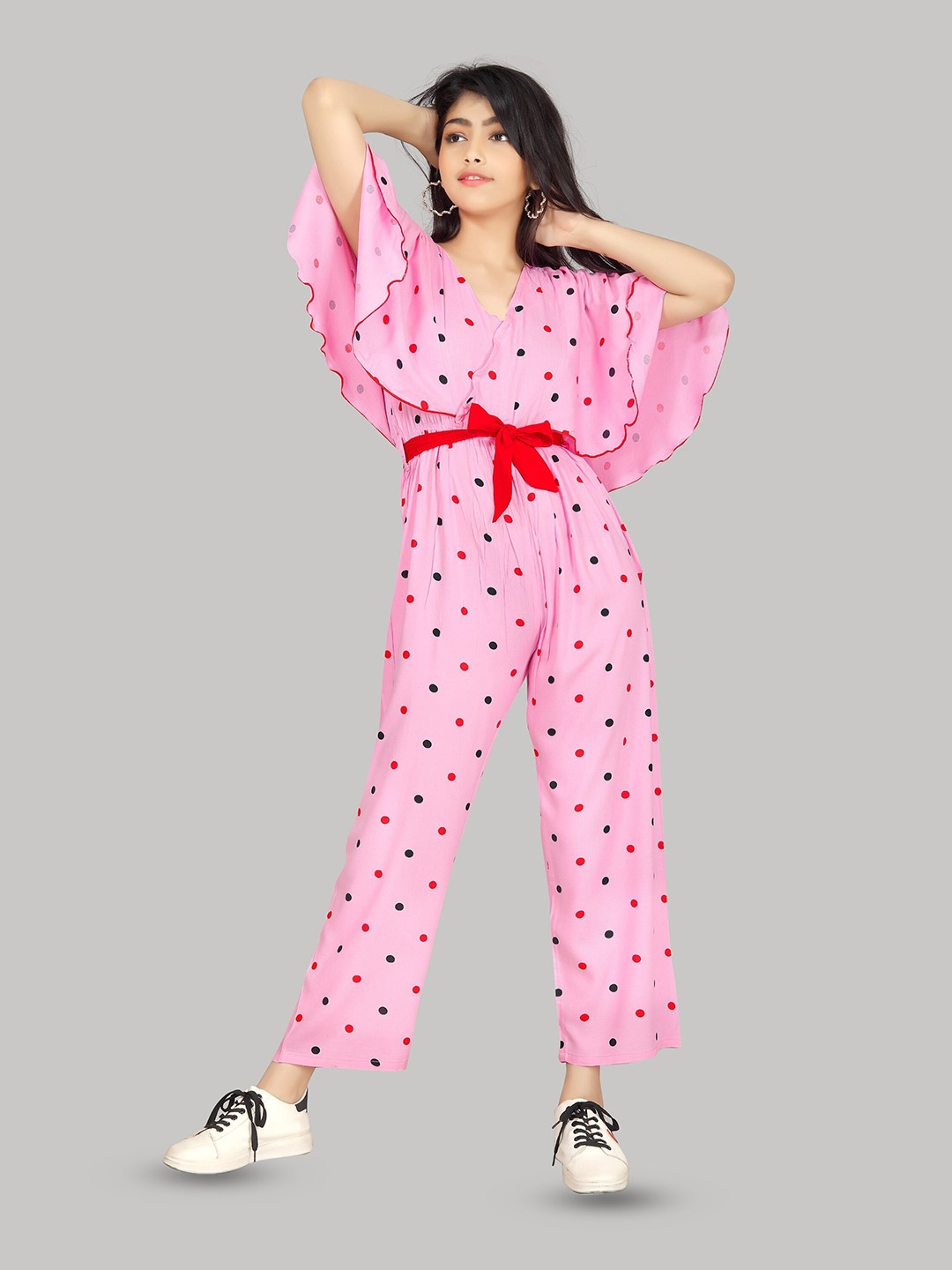 

R K MANIYAR Girls Polka Dots Printed V-Neck Basic Jumpsuit, Pink