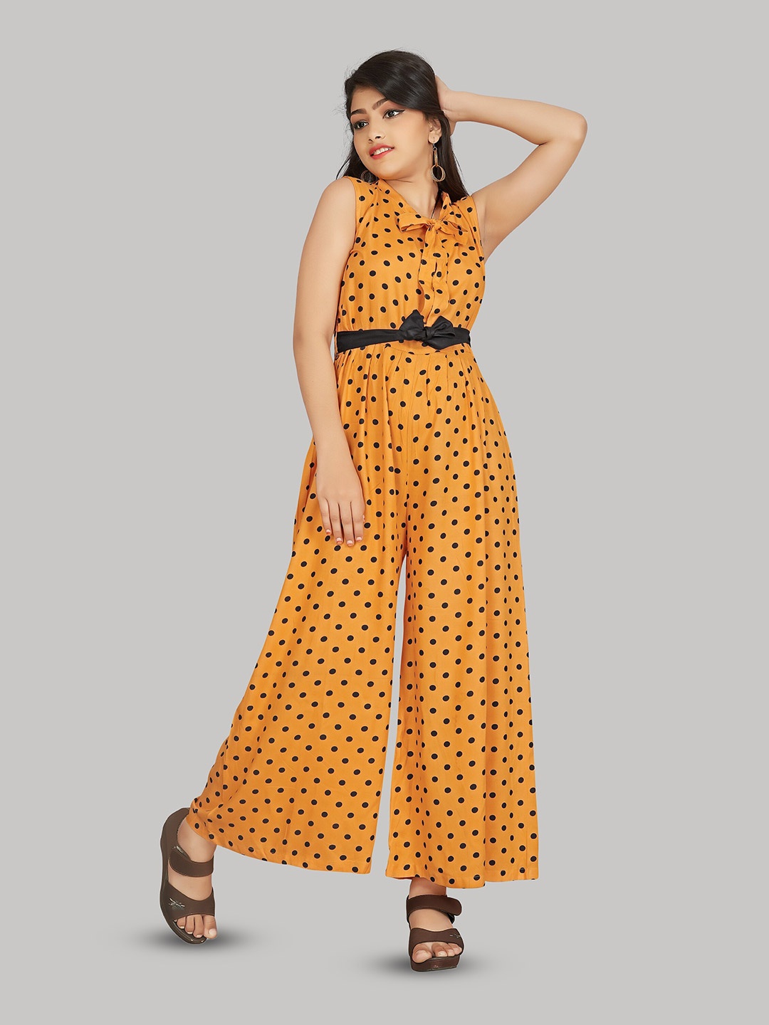 

R K MANIYAR Girls Polka Dots Printed Waist Tie-Ups Basic Jumpsuit, Yellow