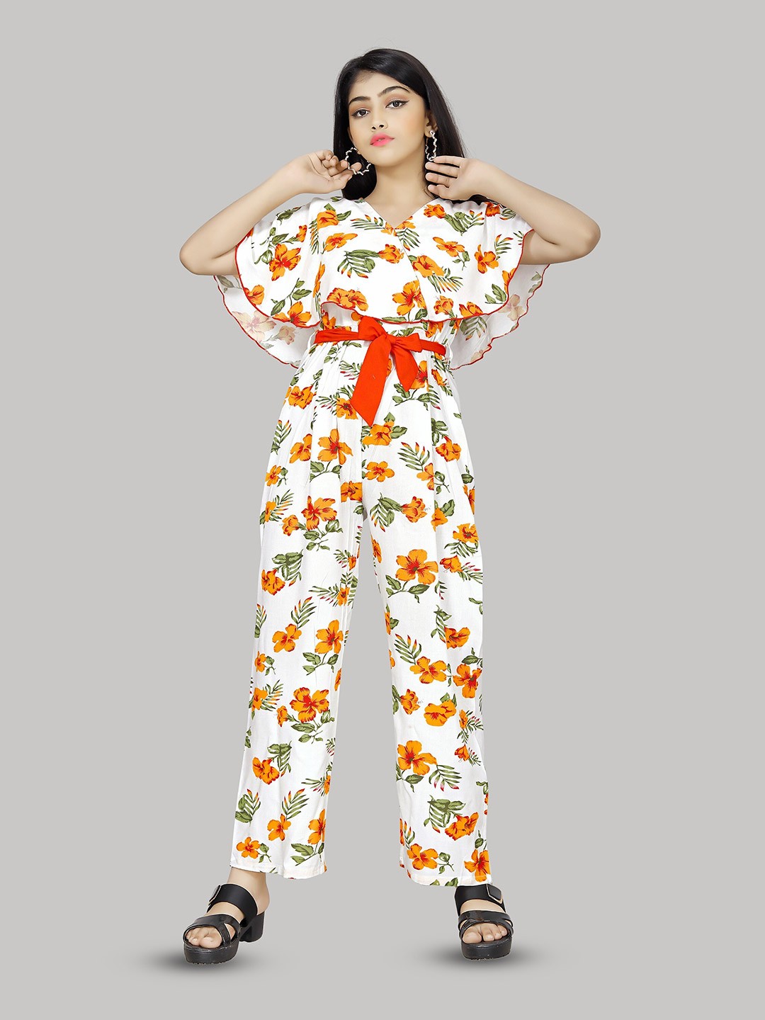 

R K MANIYAR Girls Printed Waist Tie-Ups Basic Jumpsuit, Orange