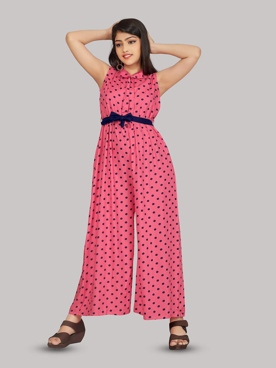 

R K MANIYAR Girls Printed Waist Tie-Ups Basic Jumpsuit, Pink