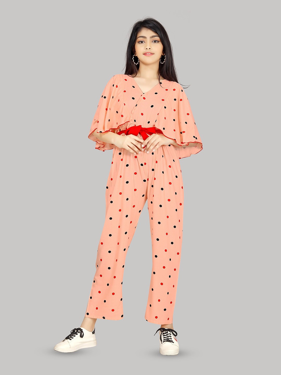 

R K MANIYAR Girls Polka Dots Printed V-Neck Basic Jumpsuit, Orange
