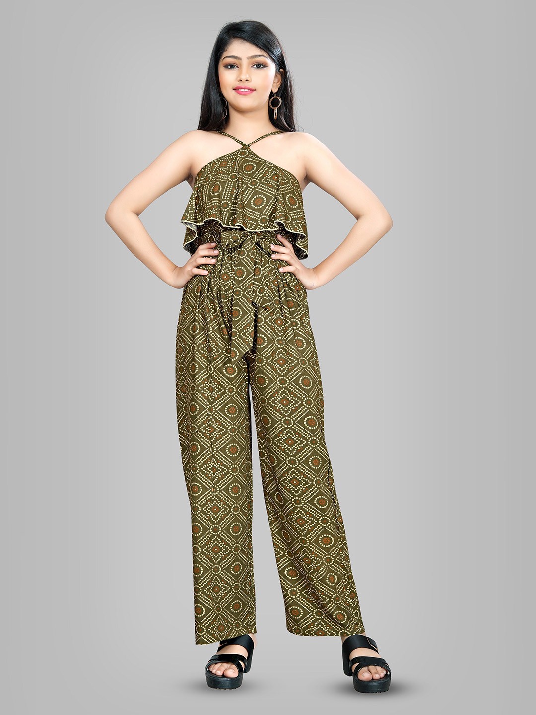 

R K MANIYAR Girls Halter Neck Printed Basic Jumpsuit, Green