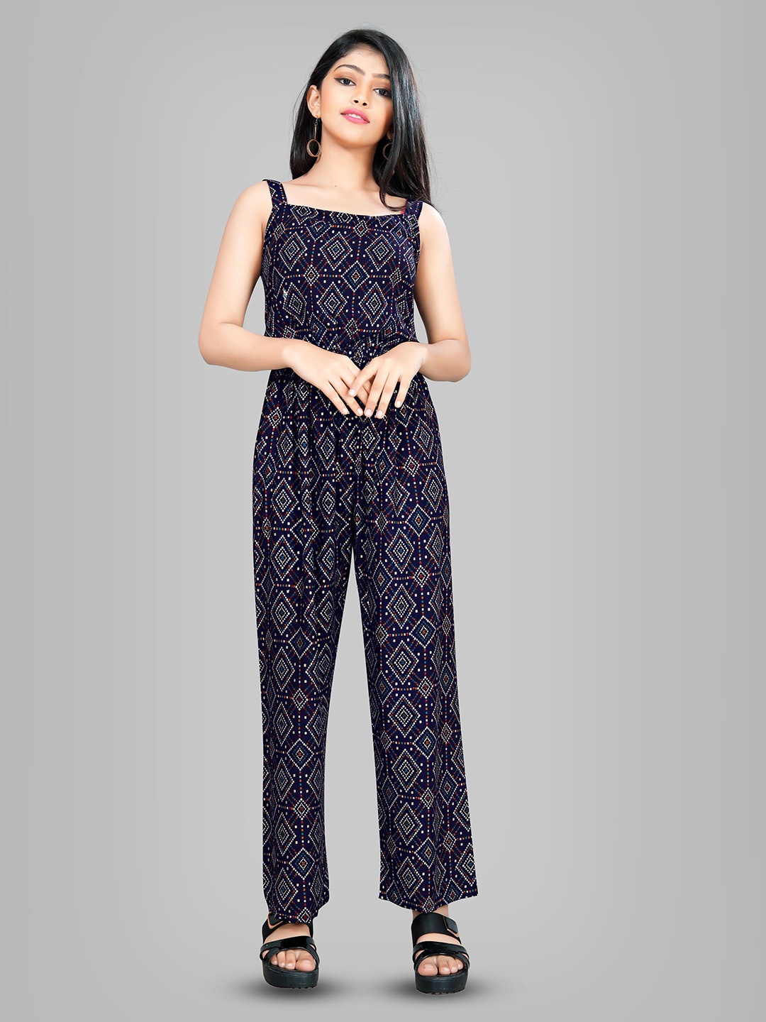 

R K MANIYAR Girls Printed Basic Jumpsuit, Navy blue