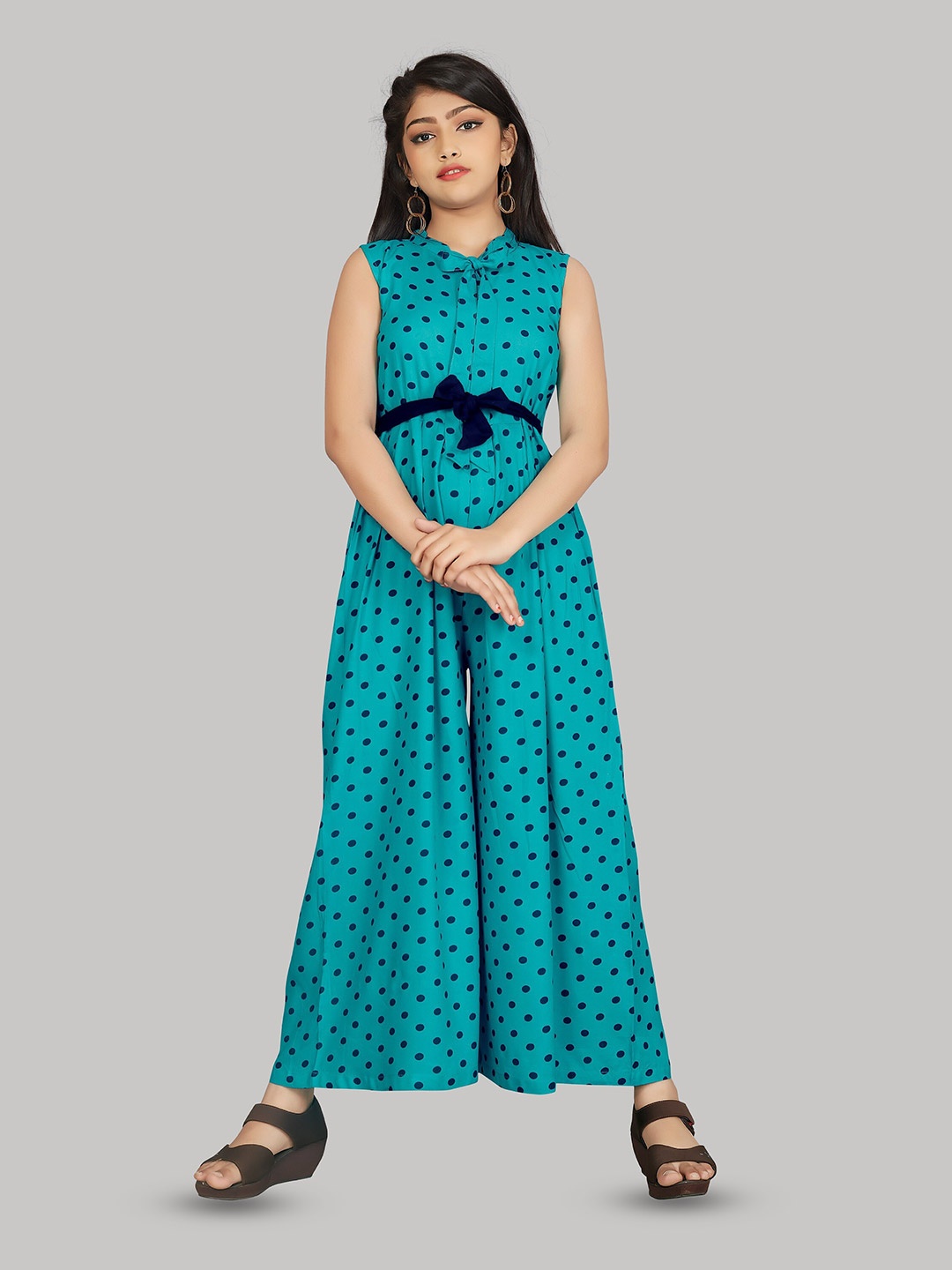 

R K MANIYAR Girls Polka Dots Printed Basic Jumpsuit, Teal